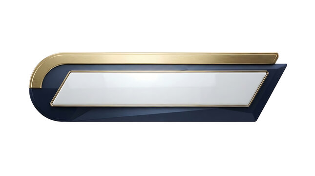 Sleek futuristic lower third transparent PNG bar with curved brushed gold header and dark blue glossy metallic body.