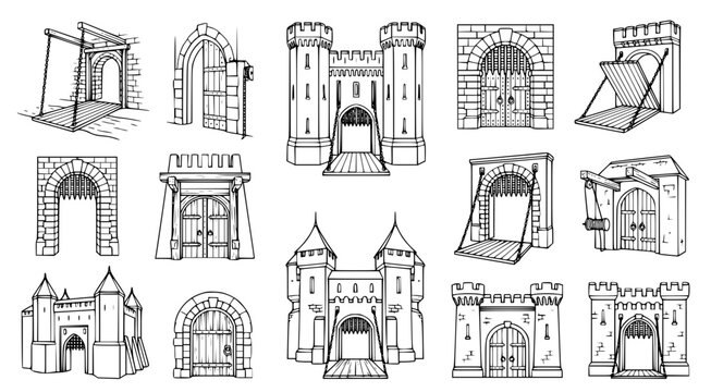 Collection of medieval castle gate and drawbridge illustrations for historical design and fantasy themed projects in black and white line art