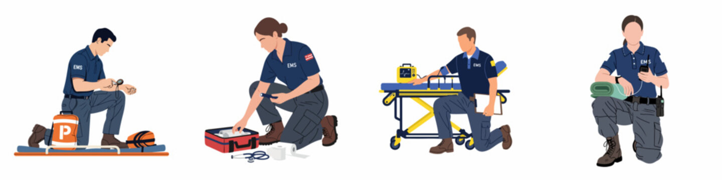 Set of EMS Paramedics and Medical Professionals with Equipment and Stretcher Isolated on White Background