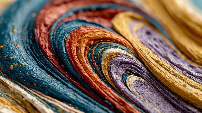 A high-resolution close-up perspective of complex, intertwined liquid paint swirls in rich shades of blue, red, gold, and purple.