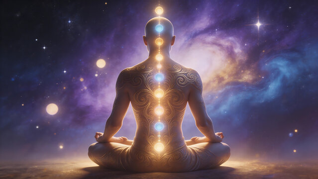 Person in meditation with glowing energy points