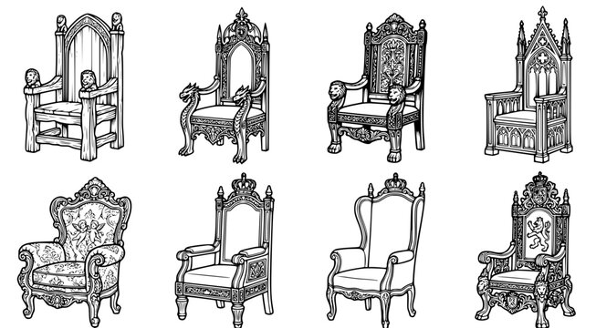 Ornate royal throne chairs and historical medieval seating furniture collection in detailed black and white line art vector style