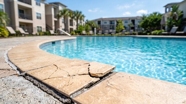 Cracked ceramic tile on edge of apartment swimming pool