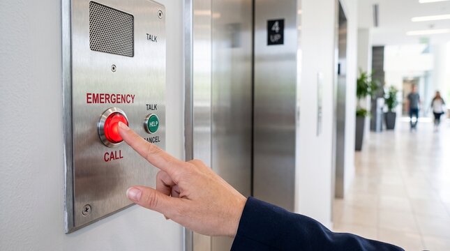 Hand pressing red emergency call button next to elevator