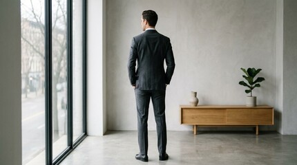 Fototapeta premium Back view of an elegant man in a slim charcoal suit standing with both hands tucked into his trouser pockets in a bright modern loft interior with concrete walls and a wooden sideboard