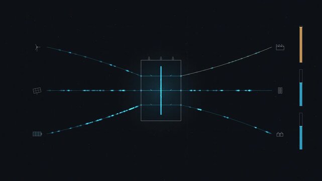 Power grid load balancing and energy flow redistribution abstract motion background. Reserve power absorbs an overload and the network re-synchronizes. Seamless 4K loop