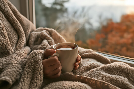 Person holding mug by window in cozy blanket, calm mood