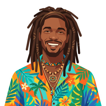 Smiling Black Man with Dreadlocks in Colorful Tropical Shirt Art