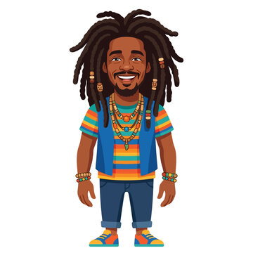 Happy Rastafarian Man Cartoon Character with Dreadlocks and Colorful Clothes