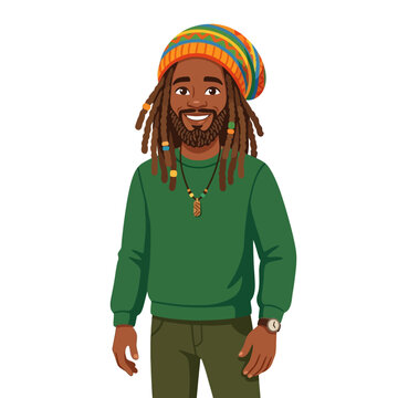Rastafarian man smiling, wearing dreadlocks and colorful beanie, green sweater