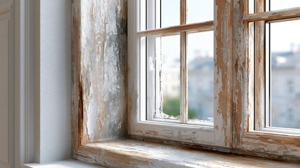 Fototapeta premium Peeling paint on an old wooden window frame reveals weathered textures.