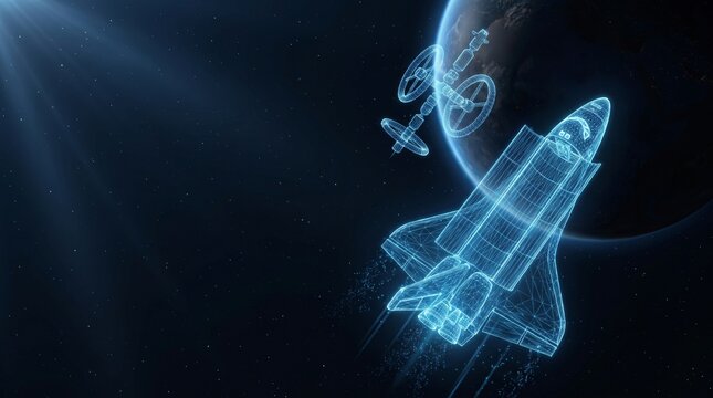 Futuristic digital space shuttle launch with orbiting planet and satellite network satellite hologram technology astronomy exploration universe innovation