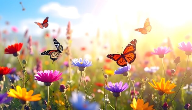 Pradera de flores silvestres multicolores con mariposas volando bajo una luz c&aacute;lida y cielo azul