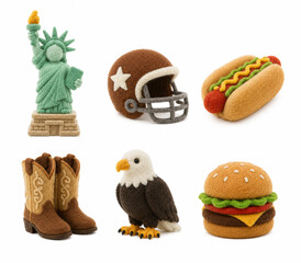 Obraz premium Felt Style American Culture Icons Set with Statue of Liberty Football Helmet Hot Dog Cowboy Boots Bald Eagle and Burger Isolated on White