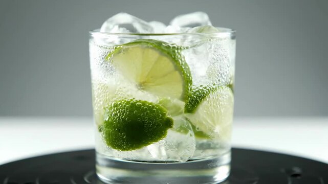 Refreshing cocktail with lime wedges and ice in a clear glass, featuring condensation and effervescence in a close-up studio shot