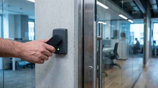 Hand holding unbranded black key fob pressed against wall-mounted RFID card reader beside glass office door, modern corporate workspace with desks and chairs visible inside, secure access control