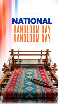 National handloom day promotional banner with traditional weaving machine and colorful textile design. 