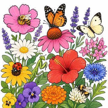 色とりどりの花畑で蜜を集める昆虫たちが描かれた豊かな自然のイラスト