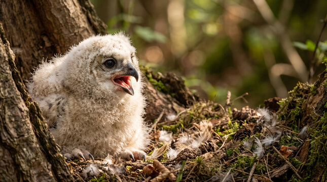 Fluffy Baby Owl Chick Calling in the Forest