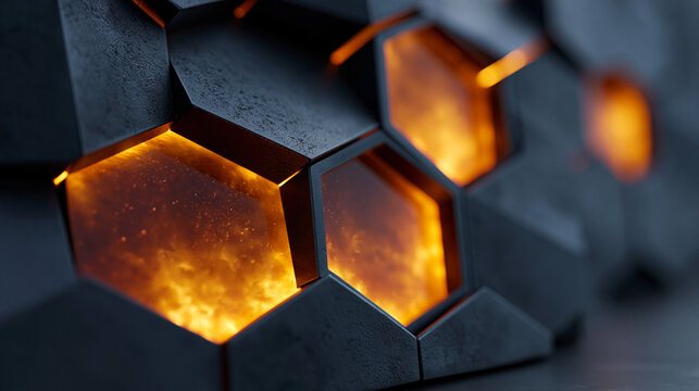 A macro photograph featuring a three-dimensional hexagonal honeycomb structure in dark, textured material, with a warm, glowing light emanating from within the cells.