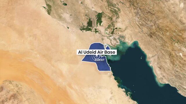 Al Udeid Air Base highlighted on the Kuwait map, showing aerial view animation footage