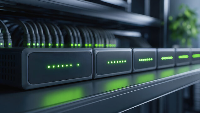 Data center server network hardware green led light rack equipment technology infrastructure storage device modern connection digital network
