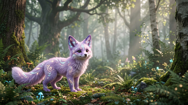 Magical Pastel Purple Fox with Glowing Markings in a Forest