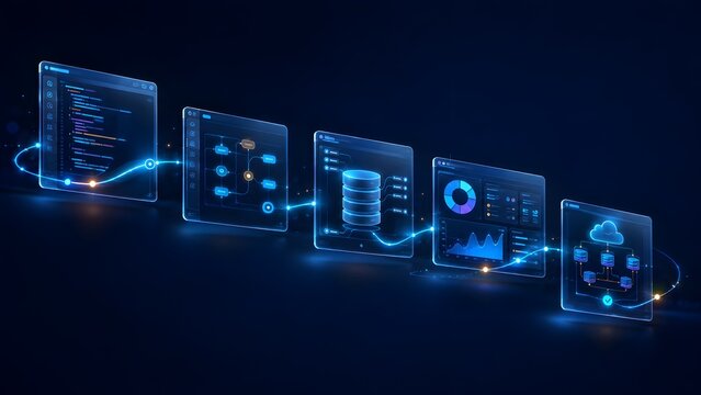 Sequential flow of digital data processing from coding and logic gates to database storage, analytics, and final cloud infrastructure deployment.