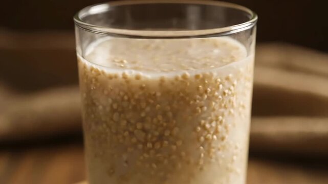 Stream of Milk Being Poured into Glass of Oatmeal Cereal Mixture for Healthy Breakfast Preparation