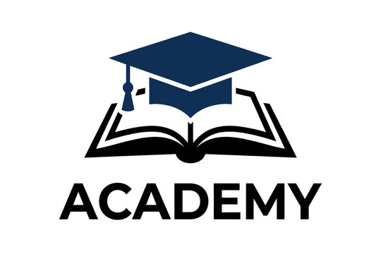Graduation cap and open book silhouette on a white background academy logo design college commencement