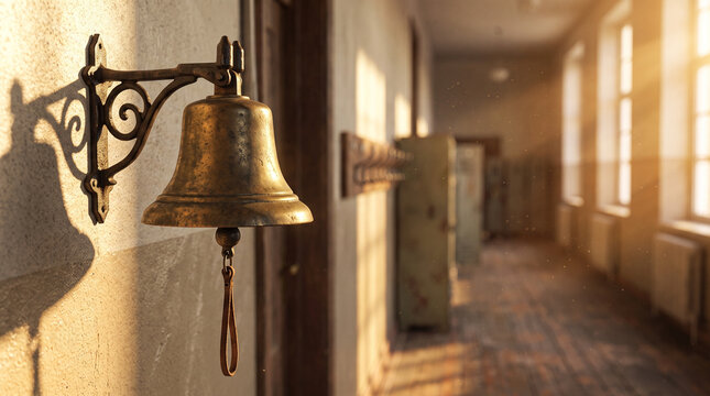 Vintage Brass School Bell in a Sunlit Hallway