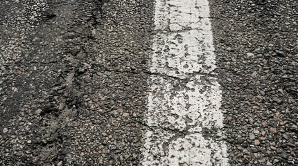Fototapeta premium Close-up view of weathered asphalt pavement with faded white painted road marking, surface cracks, and fine granular texture under even lighting