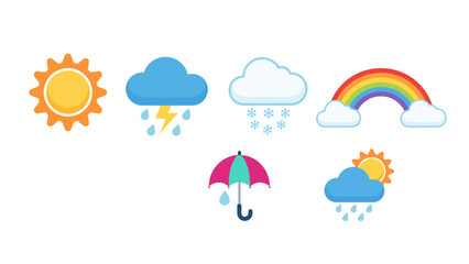 Obraz premium Weather forecast icons featuring sun rainbow rain and snow symbols
