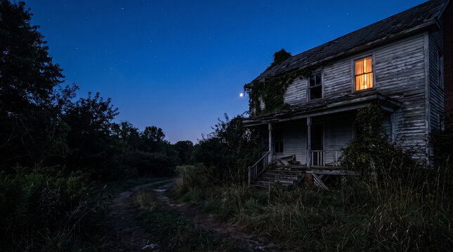 Abandoned House with Single Light in Window at Dusk