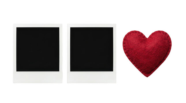 Two empty photo frames with a red heart icon isolated on transparent background
