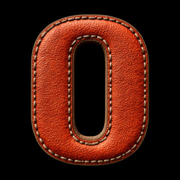 Leather stitched letter O soft texture with visible stitching isolated on black background with clipping path