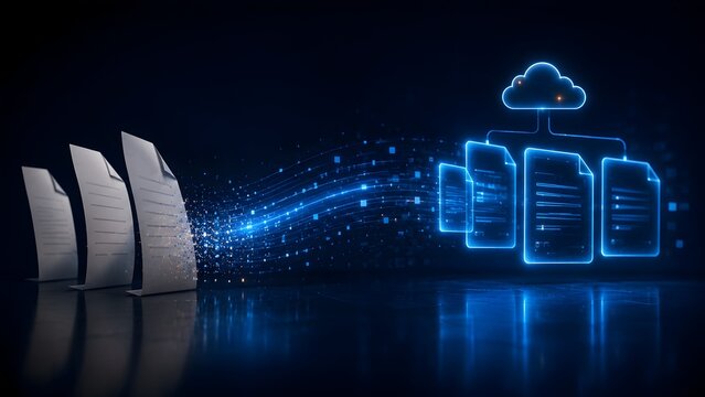 Cloud computing migration concept featuring physical papers transforming into a glowing wave of data particles flowing into secure digital storage
