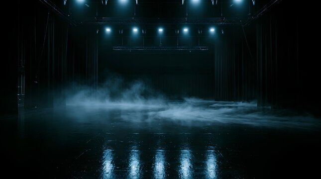 Empty dark theater stage with low fog drifting across glossy wet black floor reflecting pale blue spotlight beams from overhead rig in moody atmospheric venue