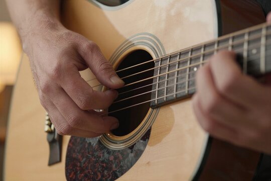 Captures Close Of Individuals Hands Playing Acoustic Guitar Focus On Left Hand As Presses Strings Suggesting Forming Chords Notes
