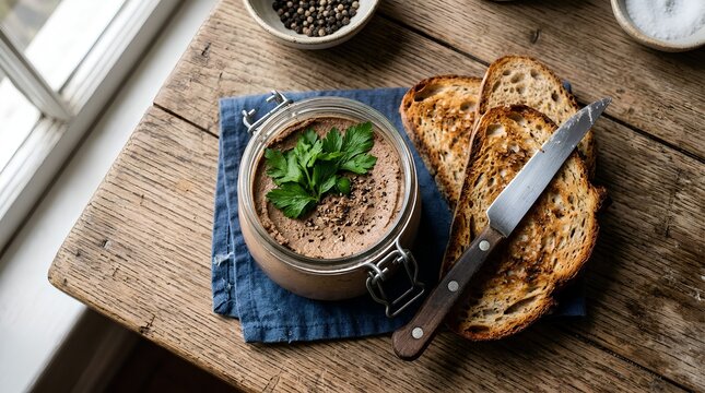 Glass jar filled with smooth brown chicken liver p&acirc;t&eacute;, fresh parsley leaves on top, three toasted bread slices fanned out beside wooden knife on rustic table