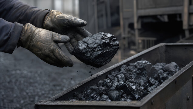 Coal miner hand glove industrial energy fossil fuel black dirty coal miner hand with glove hold big coal rock over wagon industrial energy fossil