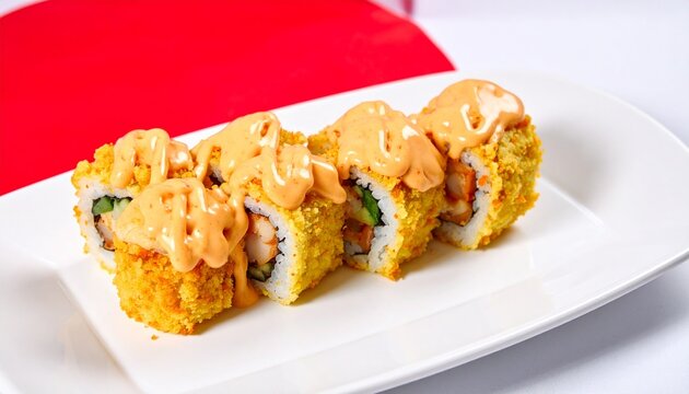 Crispy ebi tempura sushi rolls topped with creamy spicy mayo drizzle served on a white plate with Japanese flag background