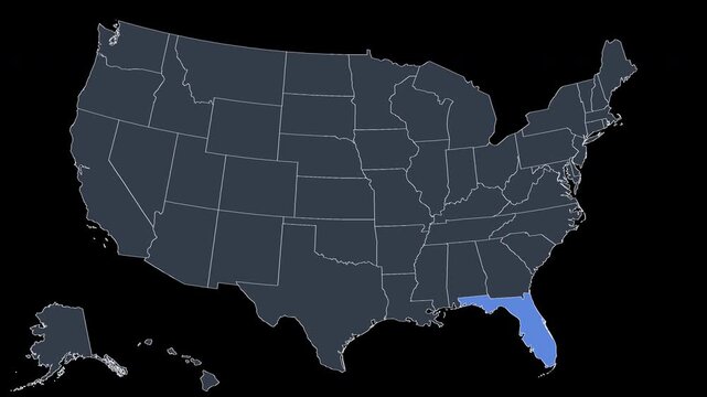 Florida Flashing Blue on US Election Map Animation Alpha 4K