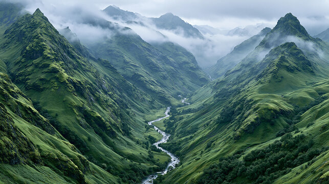 Breathtaking panoramic aerial view of a dramatic, deep mountain valley covered in vibrant green grass, featuring a winding river flowing through the center under cloudy skies.