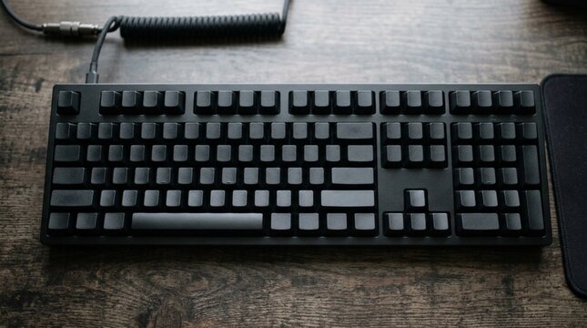 Full-size black mechanical keyboard photographed straight down, matte keys catching soft overhead light on dark rustic wooden desk surface, coiled cable visible at top, gaming workstation setup