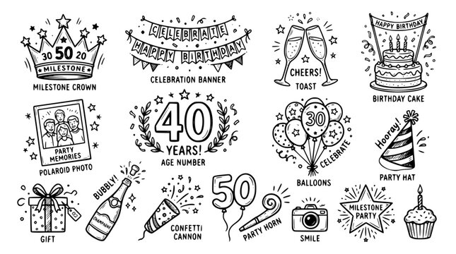 Hand drawn birthday milestone party icons decade crown banner toast photo cake age number balloon, black ink sketch vector illustration
