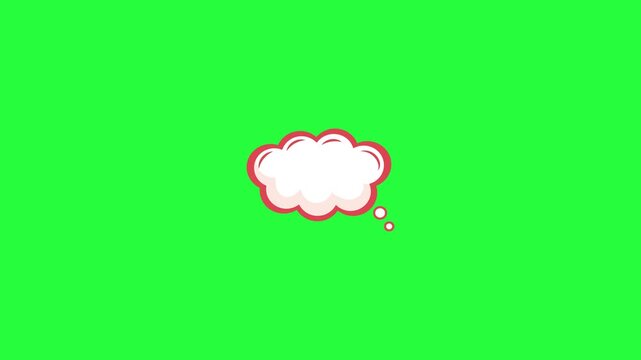 A white thought bubble with a red outline isolated on a bright green chroma key background