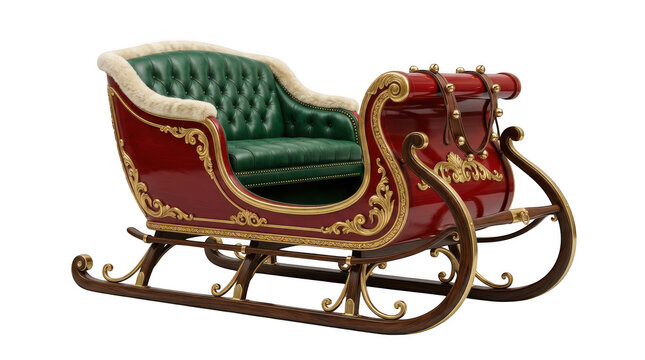 Decorative red and green christmas sleigh with gold trim isolated on transparent background
