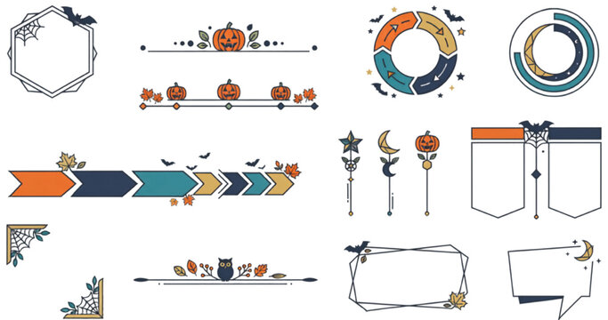Elegant Halloween frame, ribbon and border collection featuring autumn decorative elements for creative projects vector illustration