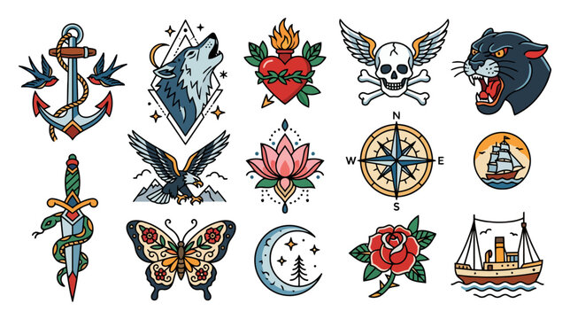 Traditional Tattoo Flash Art: Anchor, Wolf, Skull, Panther, Eagle, Rose, Butterfly